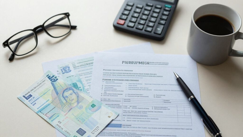 Gehaltsabrechnung und Vorsorgeunterlagen auf Schreibtisch