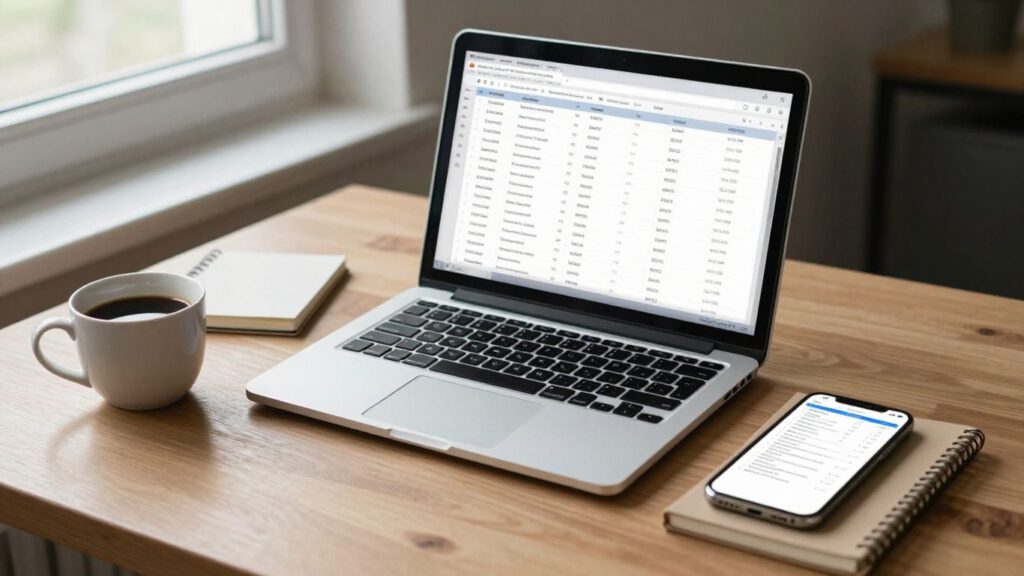 Laptop und Smartphone mit Finanzdatei zuhause