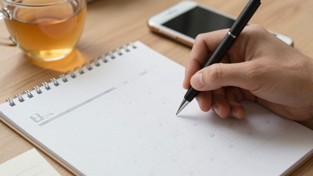 Hand mit Stift vor Monatskalender