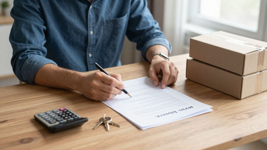 Wohnungsschlüssel neben Umzugskartons und Budgetunterlagen