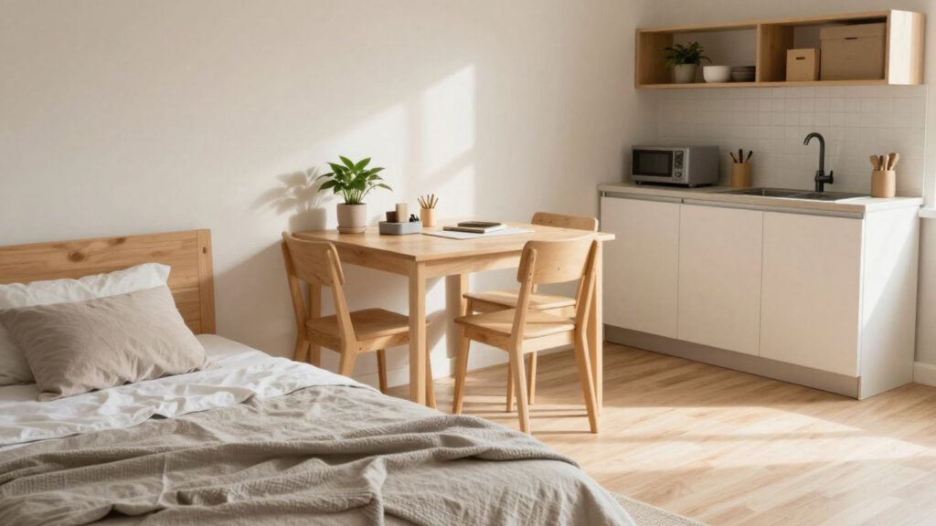 Helle erste Wohnung mit einfachen Möbeln und Umzugskartons