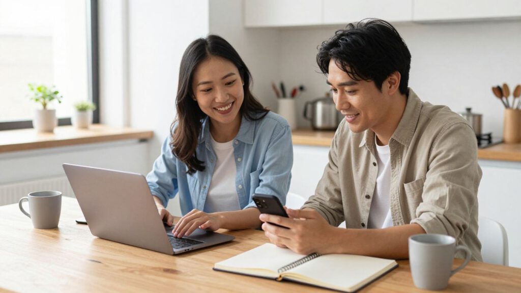 Paar prüft gemeinsame Abos am Laptop