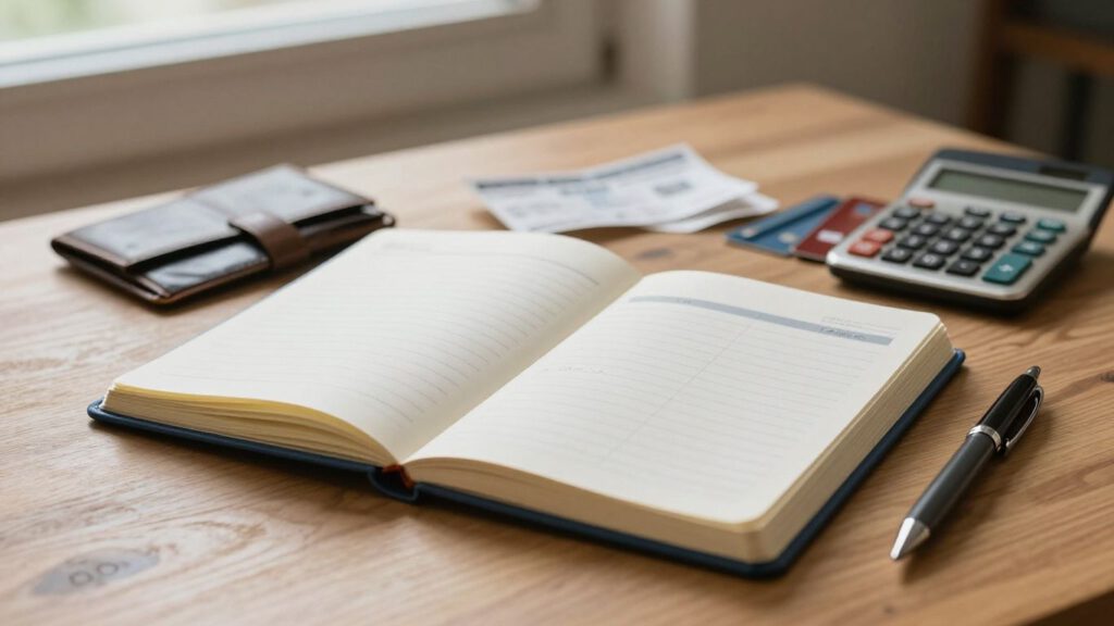 Notizbuch mit Belegen und Taschenrechner