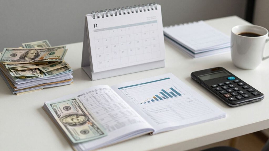 Schreibtisch mit Rechnungen und Kalender