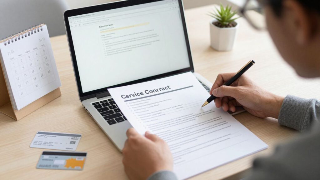 Person prüft Abo-Vertrag am Laptop
