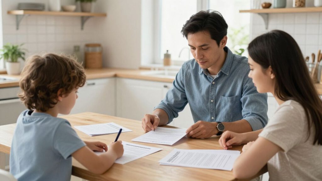 Eltern mit Kind prüfen gemeinsam Unterlagen
