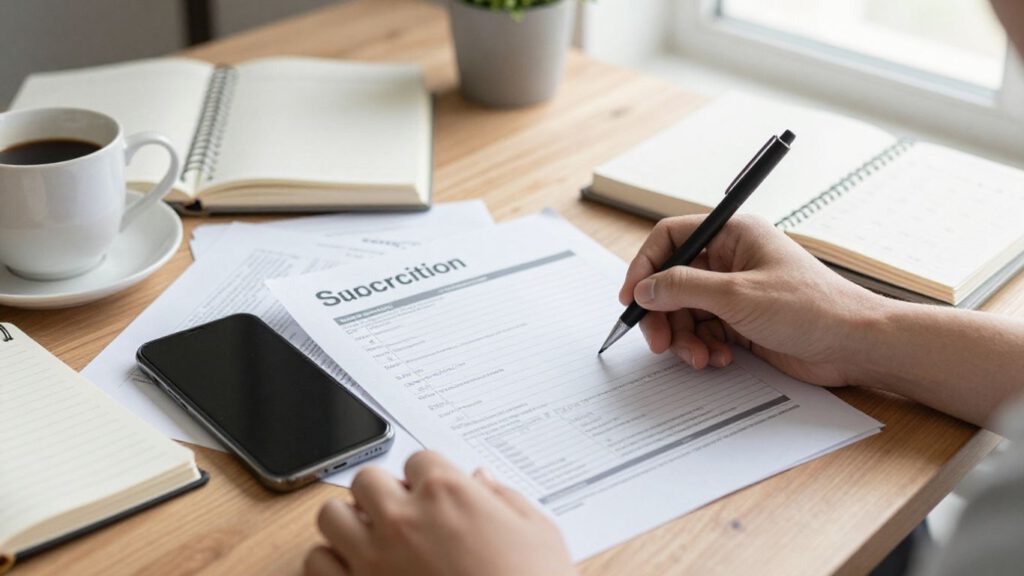 Verbraucherin prüft Vertrag neben Kalender und Smartphone