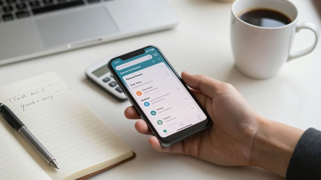 Finanzübersicht auf einem Smartphone neben Notizbuch