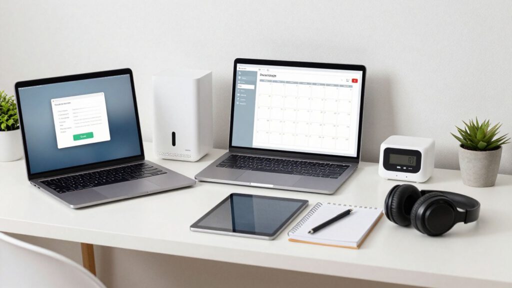 Laptop mit Cloudspeicher und Haushaltsplanung