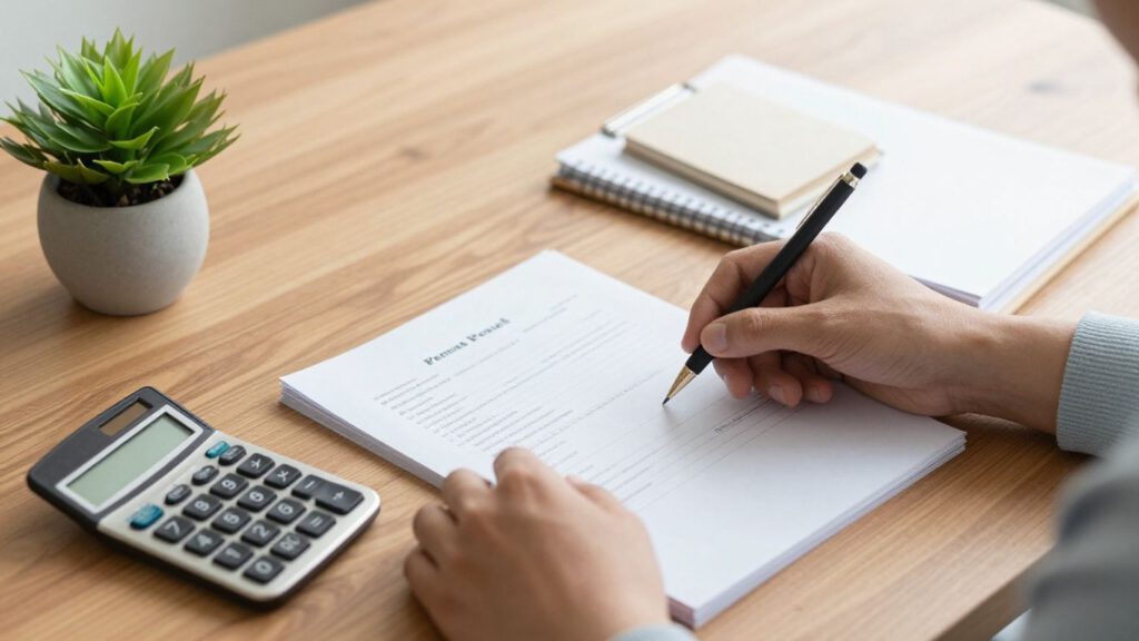 Finanzplanung mit Rentenunterlagen und Taschenrechner