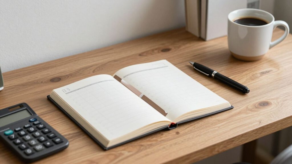 Kalender mit geordneten Steuerunterlagen und Stift