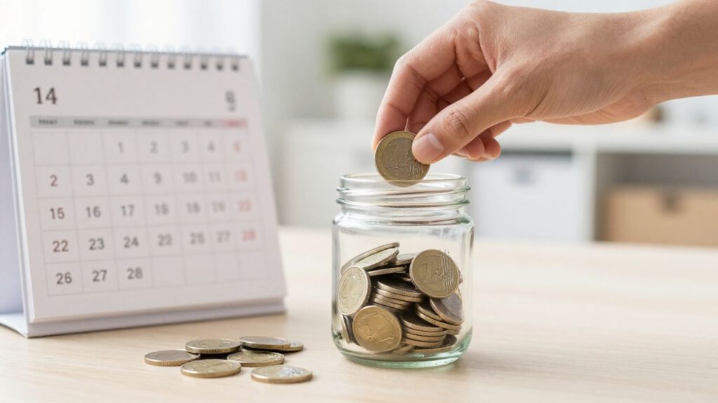 Hand legt Münze in Sparglas neben Kalender