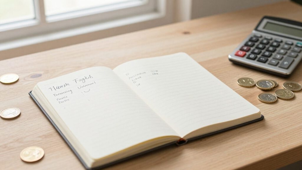 Notizbuch mit Sparplan und Münzen