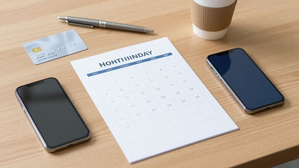 Kalender neben Smartphone und Zahlungsbeleg
