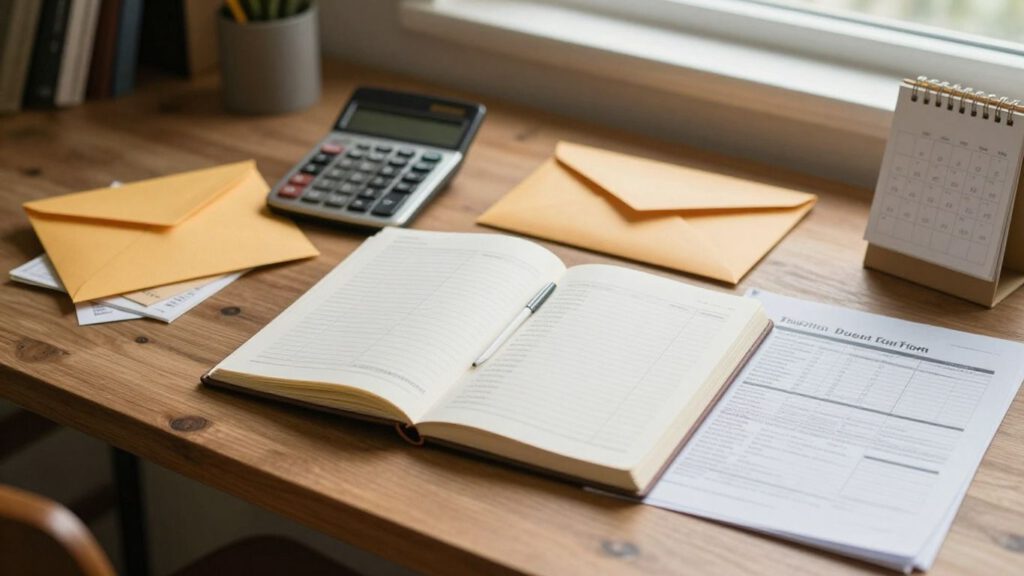 Schreibtisch mit Haushaltsplan und Finanzunterlagen