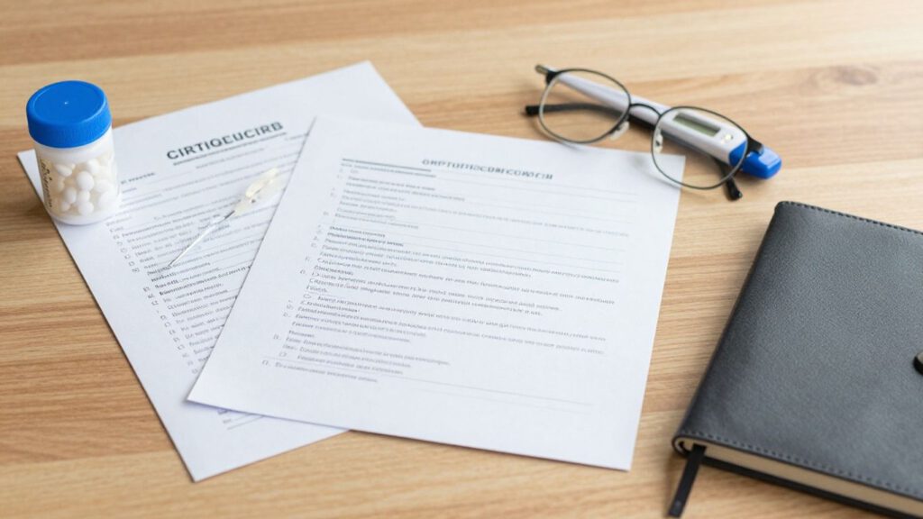 Medizinische Unterlagen neben Medikamentenplan und Brille