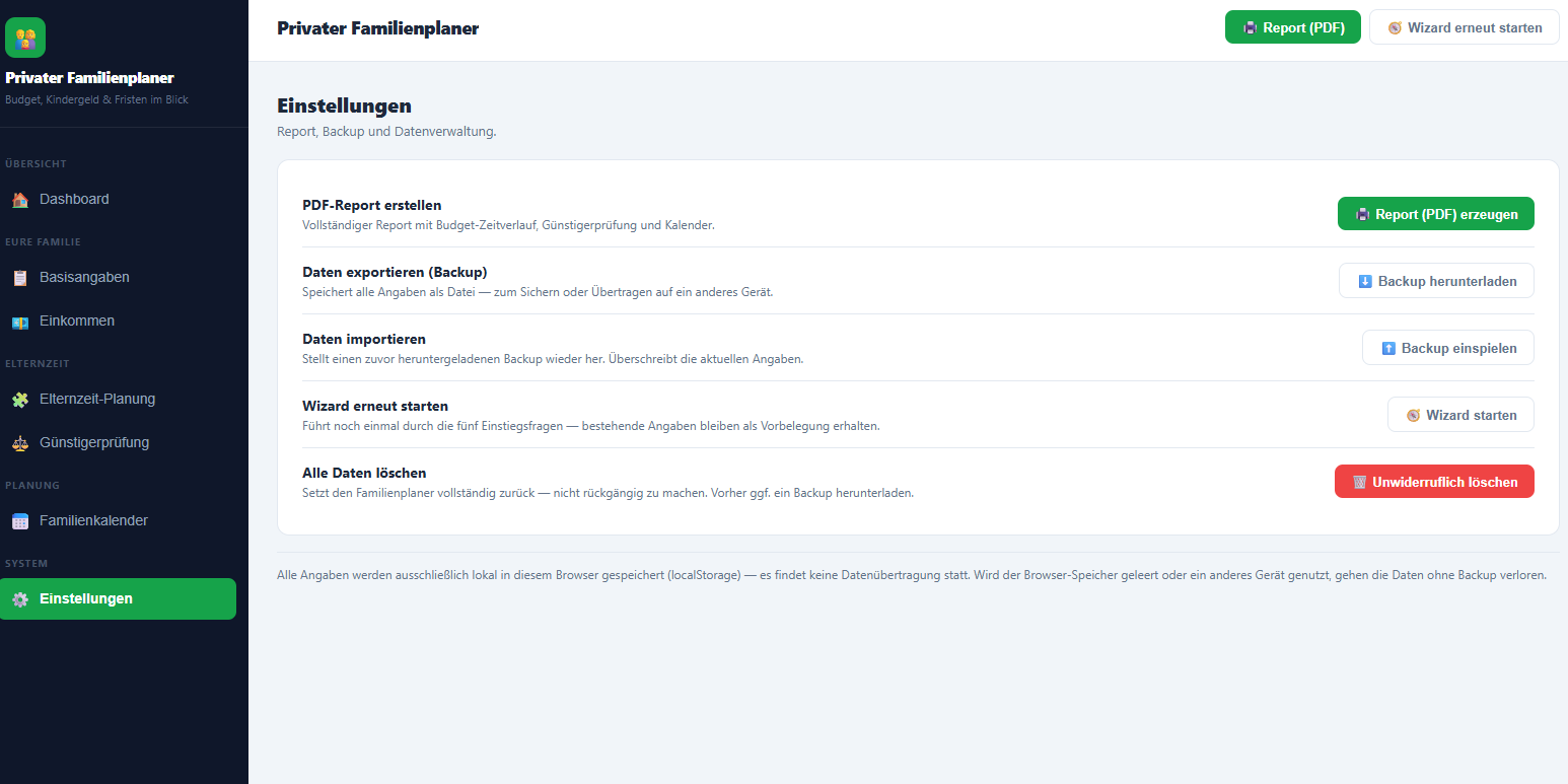 Einstellungen mit PDF-Report, Backup-Export/-Import und Datenverwaltung