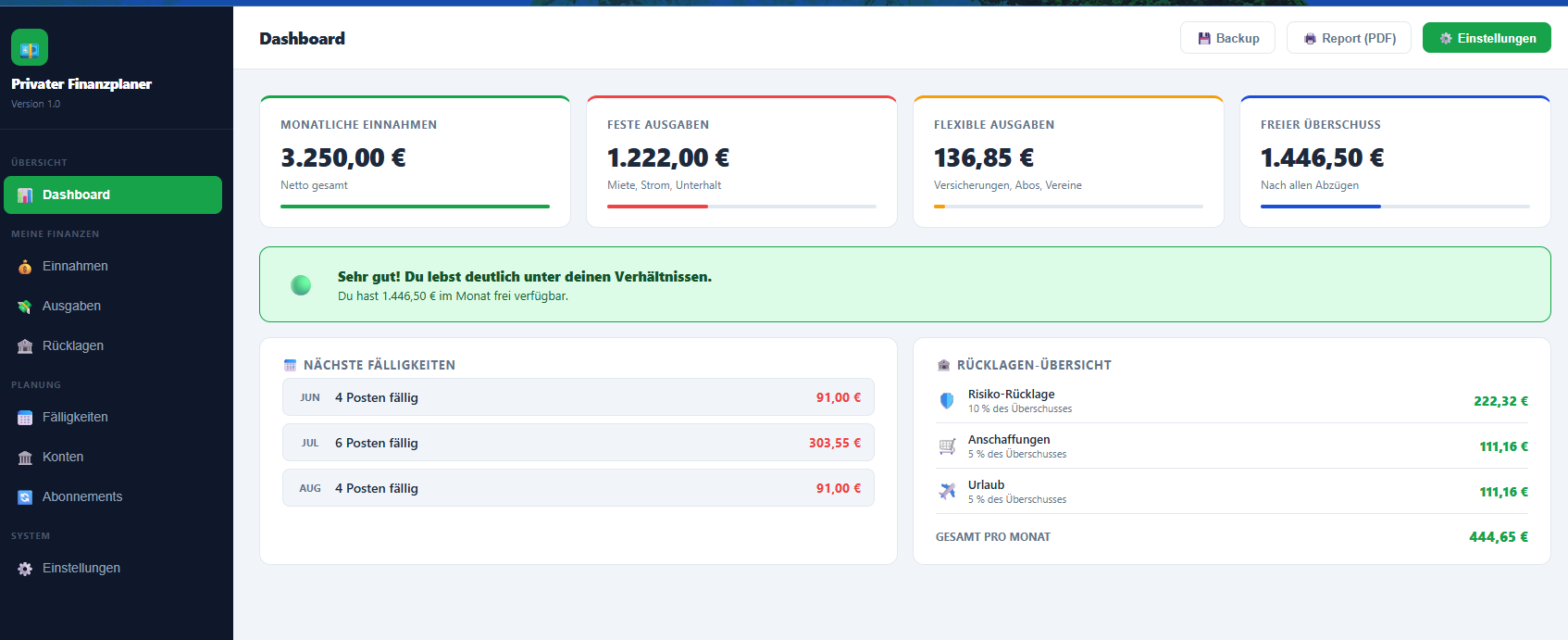 Dashboard des Privaten Finanzplaners mit Kennzahlen, Ampel-Status und Fälligkeitsübersicht